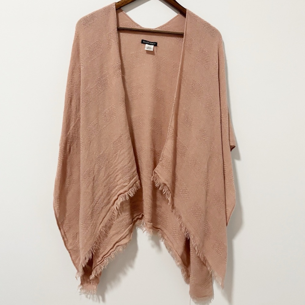 Ellen Tracy Fringed‎ Shawl Wrap Poncho Womens One Size Pink Kinomo Lightweight